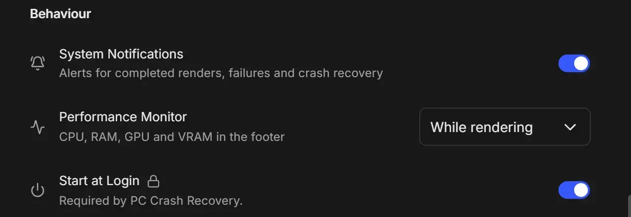 Behaviour group in System Settings with the System Notifications switch turned on, Performance Monitor set to While rendering, and Start at Login