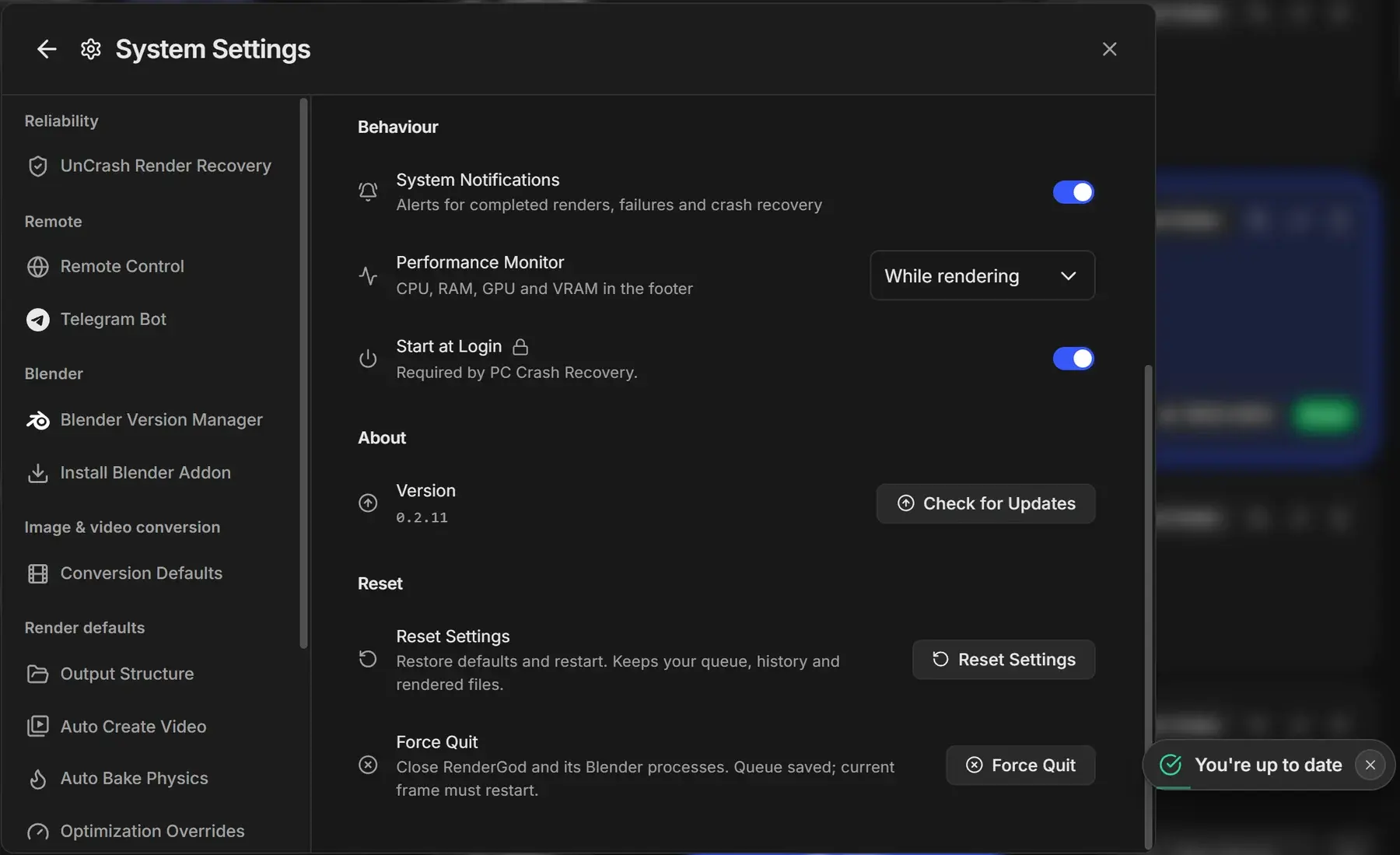 System Settings showing Version 0.2.11 with the Check for Updates button, and the You're up to date message in the corner