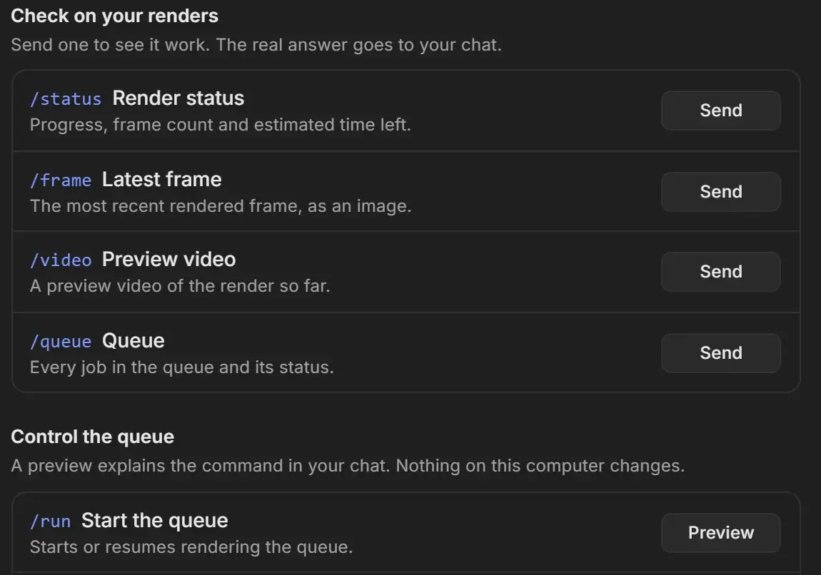 Link Telegram Account dialog listing /status, /frame, /video and /queue with Send buttons under Check on your renders, and /run with a Preview button under Control the queue
