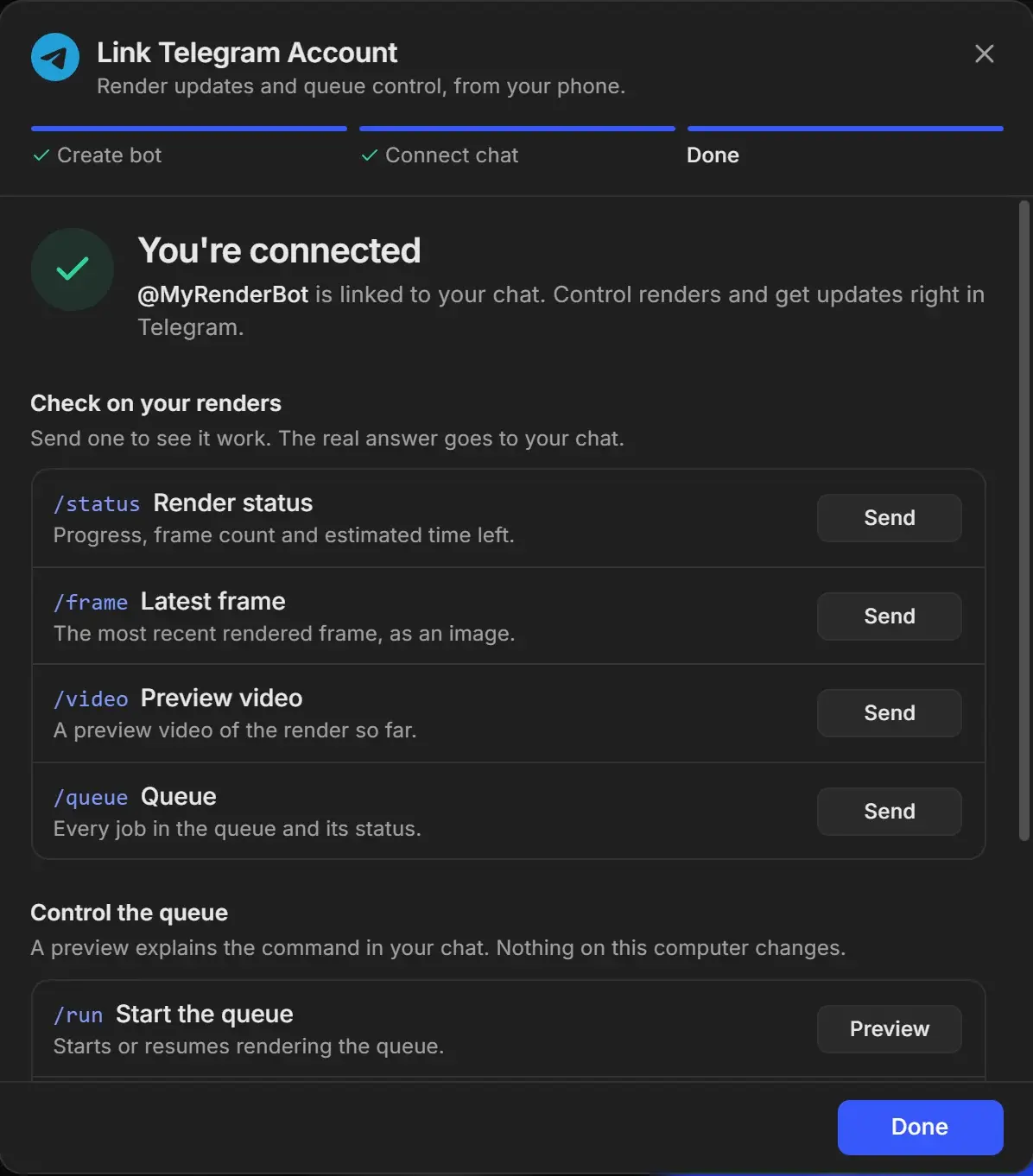 Link Telegram Account dialog saying You're connected, with Send buttons for /status, /frame, /video and /queue