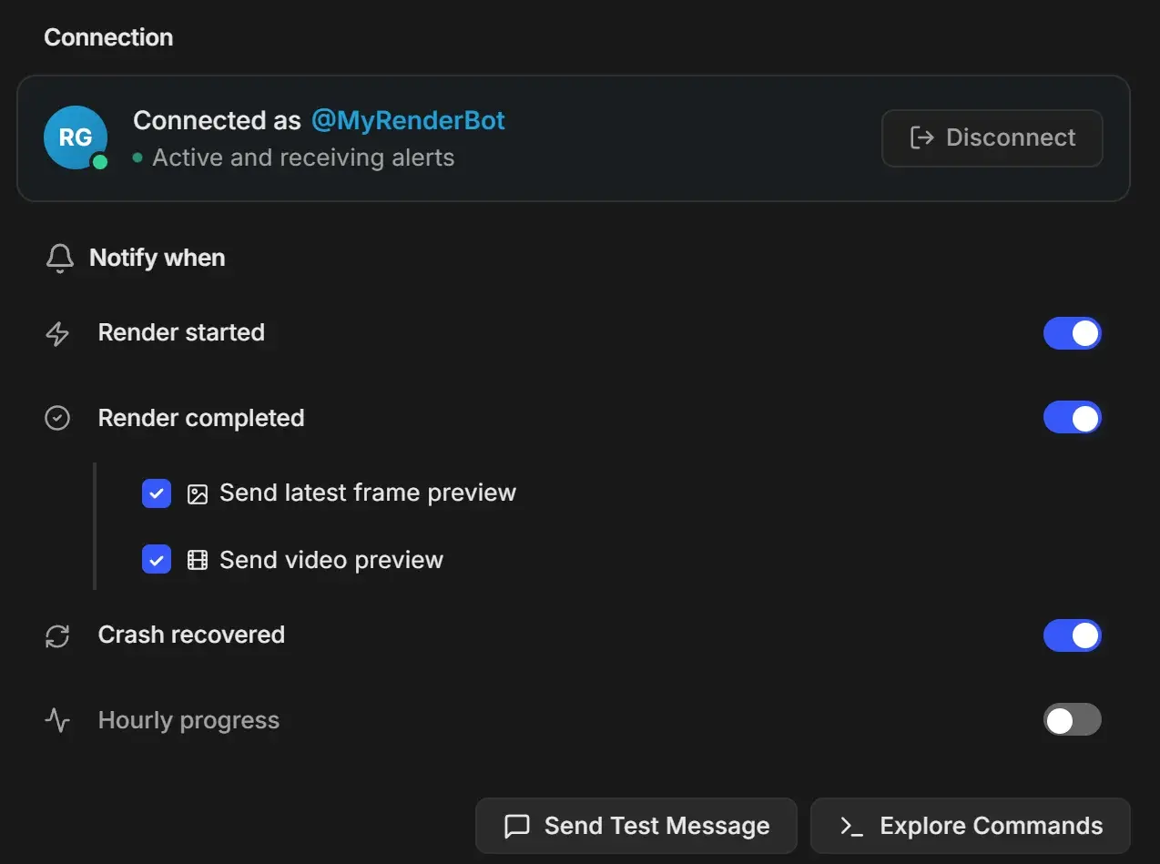 Telegram Bot settings connected as @MyRenderBot, with Render started, Render completed, Send latest frame preview, Send video preview and Crash recovered on and Hourly progress off