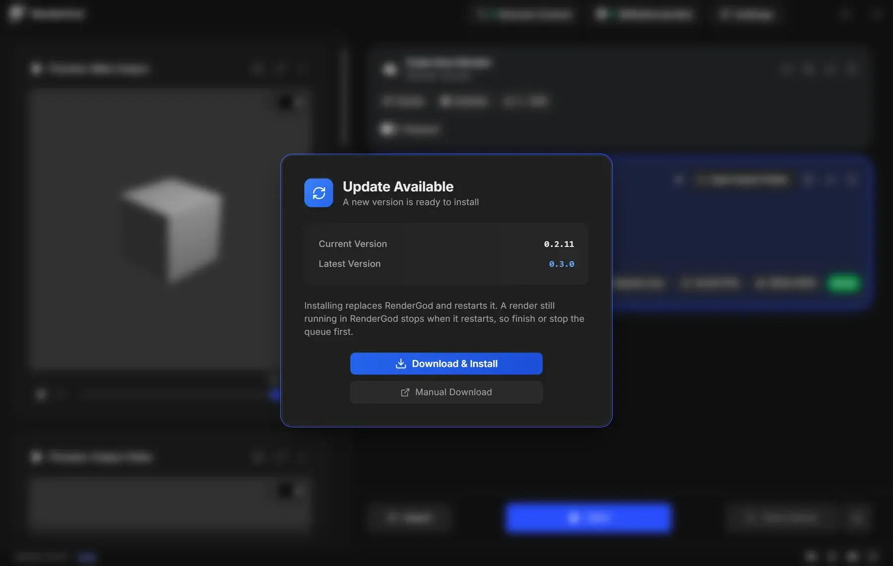 Update Available window showing Current Version 0.2.11 and Latest Version 0.3.0, the note that installing restarts RenderGod, and the Download & Install and Manual Download buttons