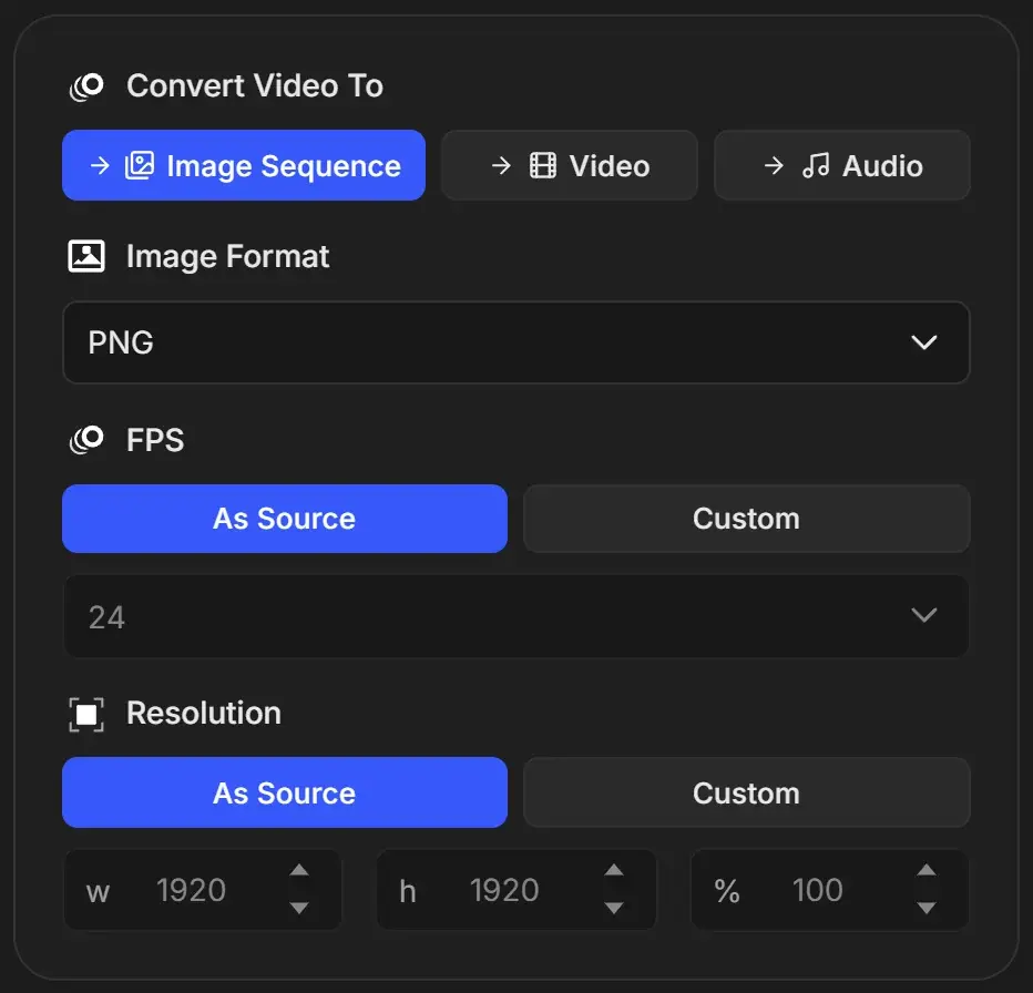 Video job with Image Sequence selected, Image Format PNG, FPS and Resolution both set to As Source