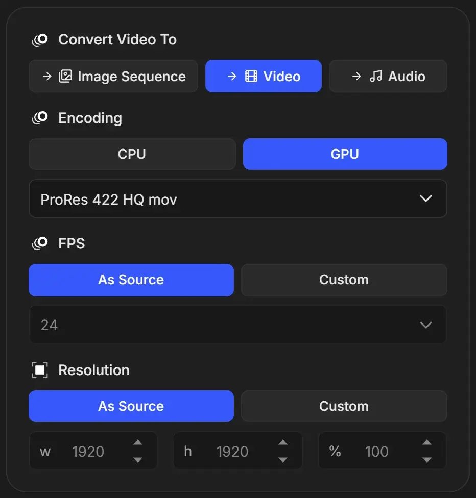Video job with Video selected under Convert Video To, Encoding set to GPU and ProRes 422 HQ mov, FPS and Resolution on As Source