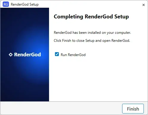 Completing RenderGod Setup page with Run RenderGod selected and the Finish button