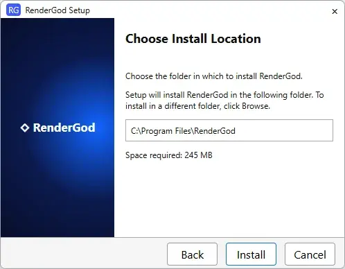RenderGod Setup choose install location page with Program Files selected