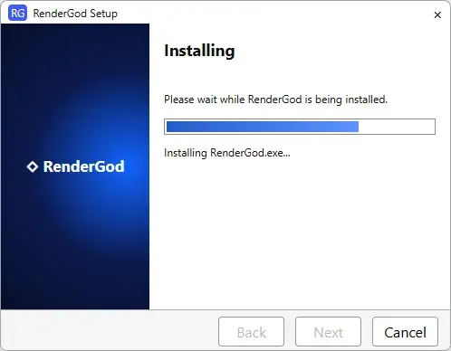 RenderGod Setup installing page with the progress bar active