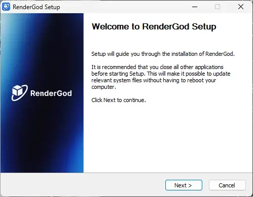 RenderGod Setup wizard on the Welcome to RenderGod Setup page, with the Next and Cancel buttons