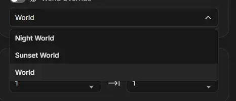 World Override dropdown open with Night World, Sunset World and World available