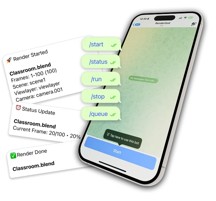 Telegram bot interface on iPhone showing render job management and notifications